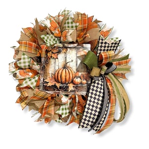 Farmhouse Pumpkin Fall Wreath: Rustic Autumn Thanksgiving Door Decor