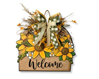 Sunflower Welcome Door Hanger: Farmhouse Basket Style Floral Decor