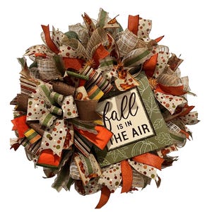 Autumn Harvest Wreath - &#39;Fall is in the Air&#39; Handcrafted Mesh and Ribbon Door Wreath, Festive Thanksgiving Decor, Rustic Fall Home Accents