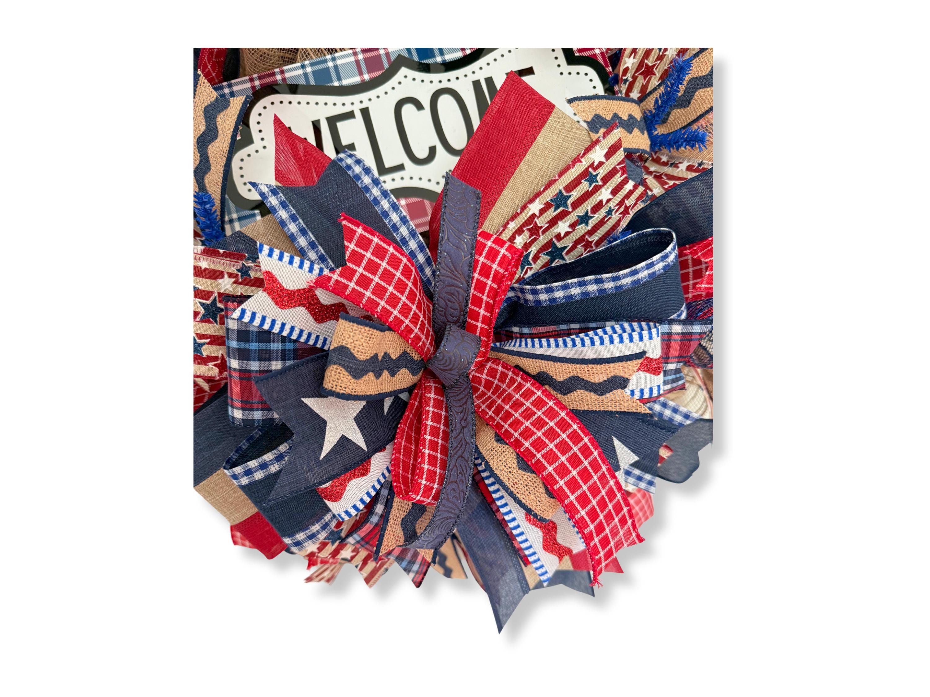 Patriotic Welcome Wreath: Rustic Americana Burlap Ribbon Door Decor - Etsy