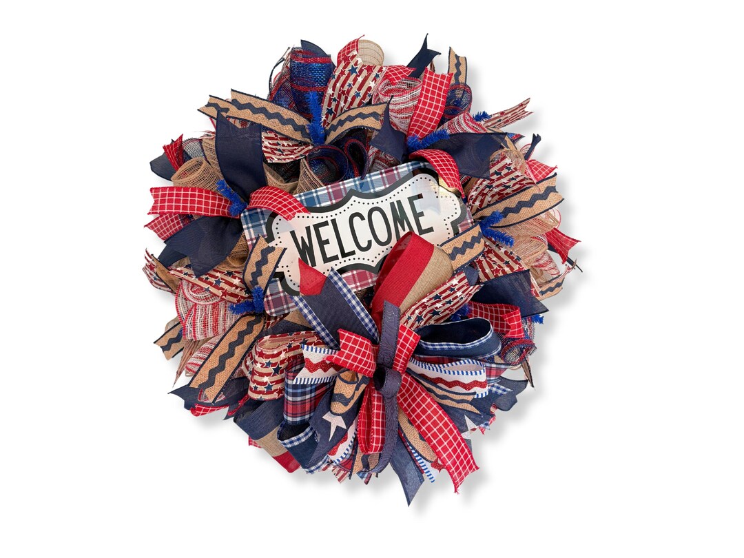 Patriotic Welcome Wreath: Rustic Americana Burlap Ribbon Door Decor - Etsy