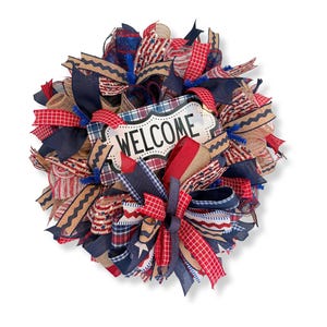 Patriotic Welcome Wreath: Rustic Americana Burlap Ribbon Door Decor