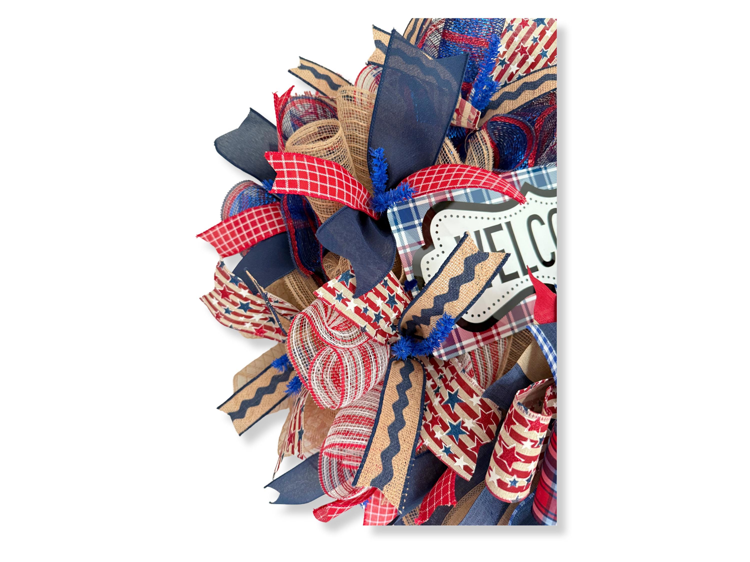 Patriotic Welcome Wreath: Rustic Americana Burlap Ribbon Door Decor - Etsy