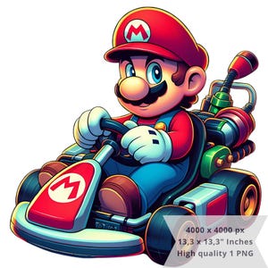 Könnte beinhalten: Digitale Illustration von Mario in roter Mütze und Latzhose, der einen Kartwagen fährt. Der Kartwagen ist rot, weiß und blau mit schwarzen Reifen. Das Bild hat einen weißen Hintergrund und misst 33,8 x 33,8 cm.