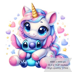 1 PNG Cute Stitch Hugg Unicorn, Immagini Clipart, File PNG di progettazione digitale per sublimazione, Alta risoluzione, Download PNG digitale istantaneo