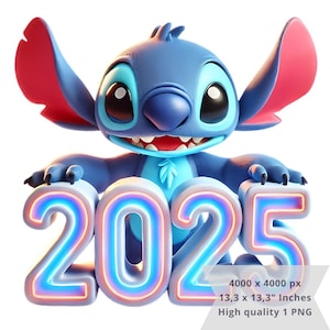 1 PNG Cute Stitch New Year 2025, Clipart Images, Digital design PNG file for sublimation, High Resolution, Instant Digital PNG Download
