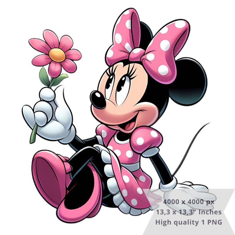 May include: A cartoon illustration of Minnie Mouse wearing a pink polka dot dress and a pink bow with white polka dots. She is holding a pink flower with a yellow center.