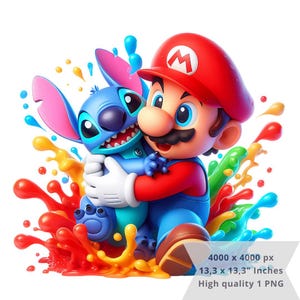 1 PNG Super Mario Hugg Stitch, Clipart-Bilder, digitales Design PNG-Datei für Sublimation, hohe Auflösung, sofortiger digitaler PNG-Download