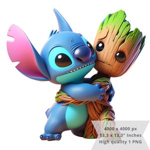 Könnte beinhalten: Eine blaue und pinke Stitch-Figur aus Lilo & Stitch umarmt eine braune und grüne Groot-Figur aus Guardians of the Galaxy.