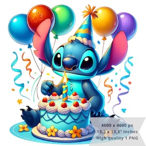 1 PNGかわいいスティッチ誕生日、クリップアート画像、昇華用デジタルデザインPNGファイル、高解像度、インスタントデジタルPNGダウンロード