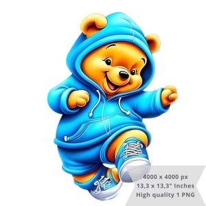Pode incluir: Um urso de desenho animado vestindo um moletom azul com capuz e tênis azuis. O urso está sorrindo e tem uma expressão feliz. O urso está em pé em uma perna e tem a outra perna levantada no ar.