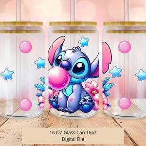 May include: Three 16 ounce glass can tumblers with bamboo lids and straws. The center tumbler features a cartoon Stitch character blowing a pink bubble with pink flowers and blue stars around it. The other two tumblers have pink bubbles and blue stars.