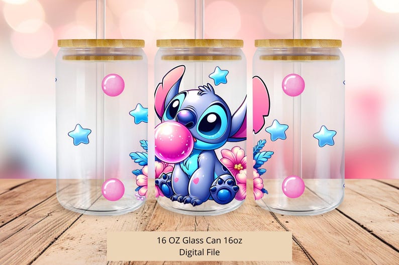 May include: Three 16 ounce glass can tumblers with bamboo lids and straws. The center tumbler features a cartoon Stitch character blowing a pink bubble with pink flowers and blue stars around it. The other two tumblers have pink bubbles and blue stars.