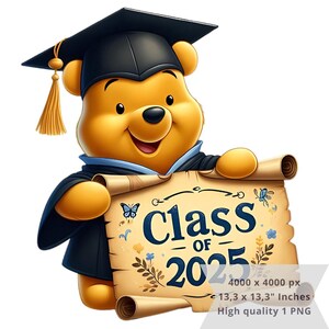 Könnte beinhalten: Ein Cartoon-Bär mit Abschlusskappe und -robe, der eine Schriftrolle mit "Class of 2025" hält. Die Schriftrolle ist mit Schmetterlingen und Blumen verziert. Der Bär lächelt. Das Bild ist ein hochwertiges PNG.