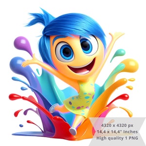 May include: A cartoon character with blue hair and a yellow dress is jumping in a splash of colorful paint. The character is smiling and has big eyes. The paint is in shades of red, orange, yellow, green, blue, and purple.