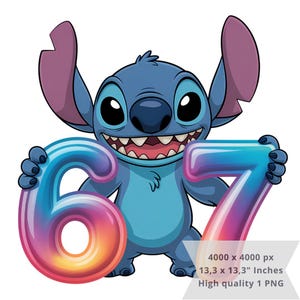 May include: A cartoon image of Stitch, a blue alien character, holding the numbers 6 and 7. The numbers are rainbow-coloured. The image is 33.8 x 33.8 cm and is a high-quality PNG.