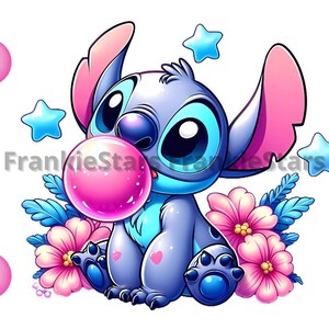 May include: A blue and pink cartoon character with large eyes and a pink bubble in its mouth. The character is surrounded by pink and blue stars and pink bubbles.