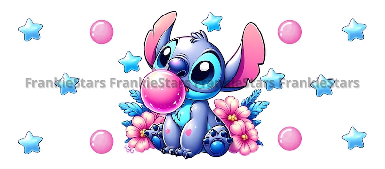 May include: A blue and pink cartoon character with large eyes and a pink bubble in its mouth. The character is surrounded by pink and blue stars and pink bubbles.