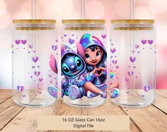PNG Lilo och Stitch Neon Libbey Glasburkplast, 16oz burkglasdesign, Libbey burkglassublimering, Stitch Tumblerplast, 1 PNG digital fil