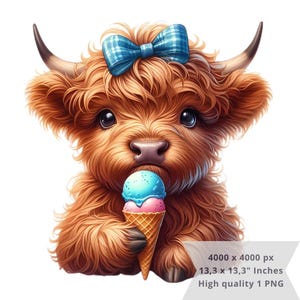 1 PNG かわいいハイランド牛の夏のアイスクリーム、クリップアート画像、昇華用デジタルデザイン PNG ファイル、高解像度、インスタントデジタル PNG