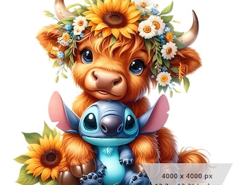 1 PNG Cute Highland Cow and Stitch Flowers, Clipart Images, Digital design PNG file for sublimation, High Resolution, Instant Digital PNG