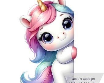 May include: A cartoon unicorn with a golden horn, pink and blue hair, and large blue eyes. The unicorn is white with pink accents and is peeking out from behind a white surface. The image is 13.3 x 13.3 inches.