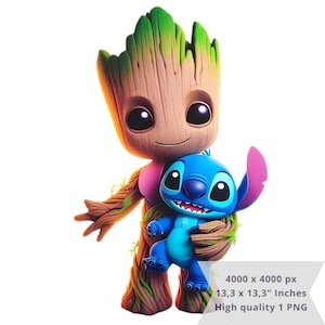 1 PNG かわいいスティッチとグルート、クリップアート画像、昇華用デジタルデザイン PNG ファイル、高解像度、インスタントデジタル PNG ダウンロード
