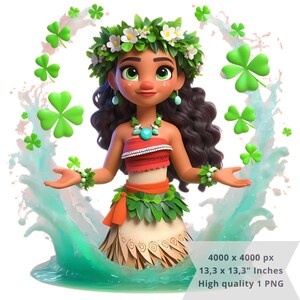 May include: A cartoon illustration of a Polynesian woman with brown hair and green eyes wearing a red and green lei and a grass skirt. She is standing in a pool of water with green four-leaf clovers floating around her.