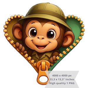 Puede incluir: Un mono de dibujos animados lindo con un sombrero de safari marrón y un atuendo de explorador verde y marrón asoma por una cremallera en forma de corazón.