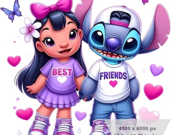 Può includere: Illustrazione digitale di due personaggi dei cartoni animati che si tengono per mano. Uno indossa un completo viola con la scritta "BEST" e un cuore. L'altro indossa una maglietta bianca con "FRIENDS" e un cuore. Cuori e farfalle rosa li circondano.