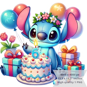 1 PNGかわいいスティッチ誕生日6歳、クリップアート画像、昇華用デジタルデザインPNGファイル、高解像度、インスタントデジタルPNGダウンロード