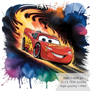 Puede incluir: Ilustración vibrante de un coche de carreras rojo con el número 95 y detalles de rayos amarillos, corriendo entre llamas. El fondo presenta salpicaduras de pintura coloridas y el texto "95".