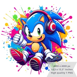 1 PNG Sonic Splash y Watercolour Gamer, Imágenes prediseñadas, Archivo PNG de diseño digital para sublimación, Alta resolución, PNG digital instantáneo