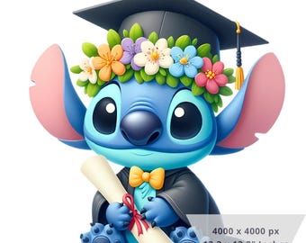 May include: A blue cartoon character wearing a graduation cap and gown, holding a diploma. The character has large ears, a flower crown, and a yellow bow tie. The image includes the text "4000 x 4000 px, 13.3 x 13.3" Inches, High quality 1 PNG."