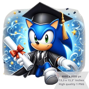 Puede incluir: Sonic the Hedgehog con una toga y un gorro de graduación negros, sosteniendo un diploma con una cinta roja. Está rodeado de remolinos azules y blancos y estrellas doradas.