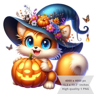 Può includere: Una volpe dei cartoni animati con pelliccia arancione, grandi occhi blu e un cappello da strega decorato con fiori e una piccola zucca. La volpe tiene in mano una lanterna di Halloween intagliata ed è circondata da farfalle. Tema di Halloween.