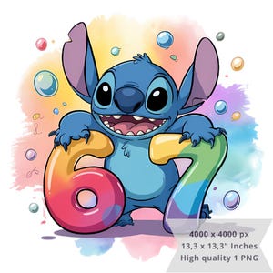 Könnte beinhalten: Ein blauer Cartoon-Charakter, der die Zahlen 6 und 7 hält, vor einem farbenfrohen Aquarellhintergrund. Die Figur hat große Ohren und ein breites Lächeln. Blasen und Farbspritzer tragen zum verspielten Design bei. Hochwertiges Bild.