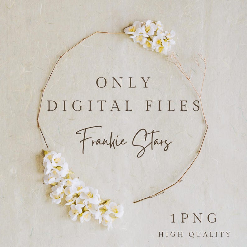 Puede incluir: Un dise&ntilde;o digital con el texto "ONLY DIGITAL FILES Frankie Stars" enmarcado en un c&iacute;rculo de ramitas y flores blancas. Tambi&eacute;n est&aacute;n presentes las palabras "1 PNG" y "HIGH QUALITY". El fondo es de color blanco roto texturizado.