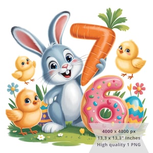 Puede incluir: Ilustración de dibujos animados con un conejo azul sonriente sosteniendo una gran zanahoria naranja. Un número seis en forma de rosquilla rosa y un número siete en forma de zanahoria también están presentes. Pollitos amarillos y huevos de Pascua.