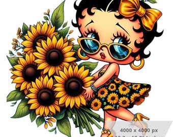 1 PNG Cute Betty Boop Sunflowers, Clipart Images, Digital design PNG file for sublimation, High Resolution, Instant Digital PNG Download