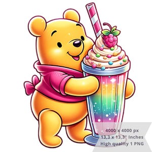 Pode incluir: Um urso de peluche Winnie the Pooh de desenho animado vestindo uma camisa rosa segura um milkshake alto e colorido com chantilly, granulado e uma framboesa vermelha no topo. O milkshake tem uma base colorida de arco-íris e um canudo.