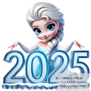 1 PNG かわいいエルサ新年 2025 クリップアート画像、昇華用デジタル デザイン PNG ファイル、高解像度、インスタント デジタル PNG