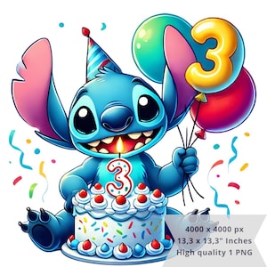 1 PNGかわいいスティッチ誕生日3歳、クリップアート画像、昇華用デジタルデザインPNGファイル、高解像度、インスタントデジタルPNGダウンロード