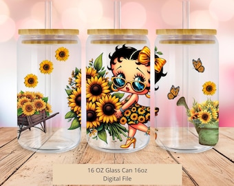 PNG Betty Boop solrosor Libbey glasburkplast, 16oz burkglasdesign, Libbey burkglassublimering, Betty Tumbler-plastplast, 1 PNG digital fil