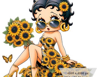 1 PNG Cute Betty Boop Sunflowers, Clipart Images, Digital design PNG file for sublimation, High Resolution, Instant Digital PNG Download