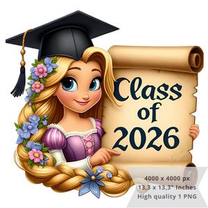 1 PNG Cute Rapunzel Graduation 2026, Clipart Images, Digital design PNG file for sublimation, High Resolution, Instant Digital PNG Download