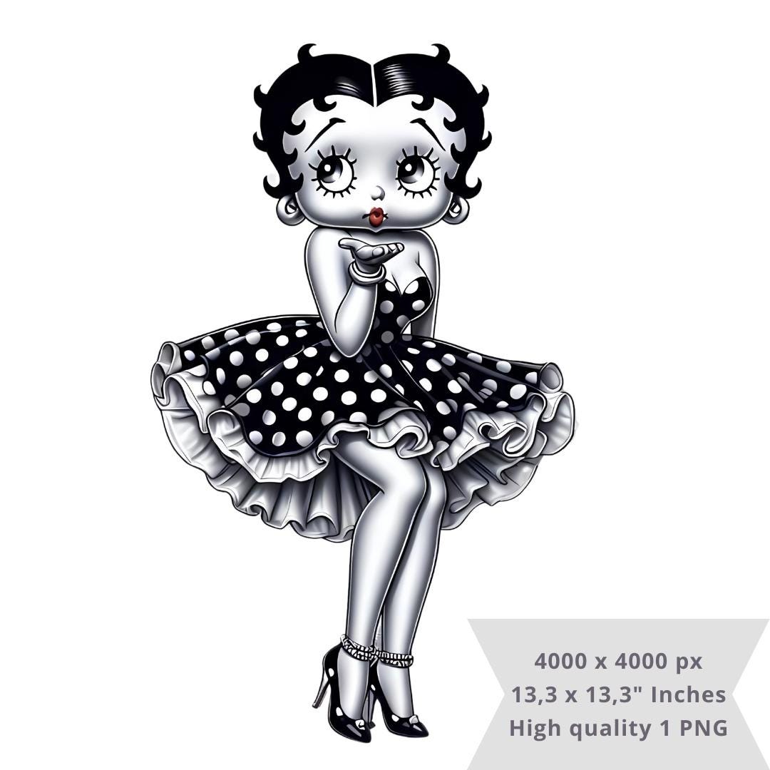 1 PNG Betty Boop Black and White, Clipart Images, Digital design PNG file for sublimation, High Resolution, Instant Digital PNG Download
