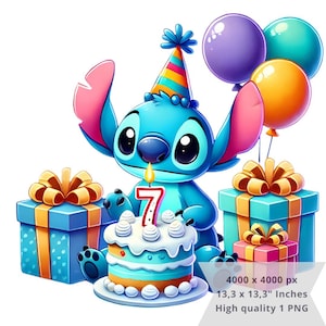 1 PNGかわいいスティッチ誕生日7歳、クリップアート画像、昇華用デジタルデザインPNGファイル、高解像度、インスタントデジタルPNGダウンロード
