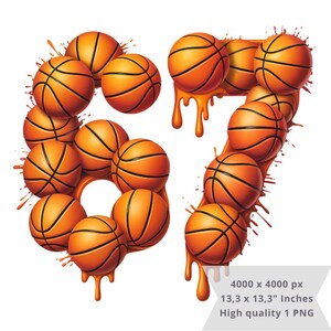 May include: A digital illustration of the numbers '67' formed from orange basketballs. The basketballs are arranged to create the digits, with a dripping orange paint effect. The image is set against a white background.
