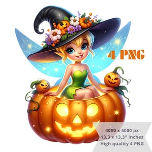 May include: A digital illustration of a fairy in a pumpkin. The fairy wears a green dress and a black witch hat decorated with pumpkins and flowers. The image includes the text "4 PNG" and dimensions of 33.8 x 33.8 cm.